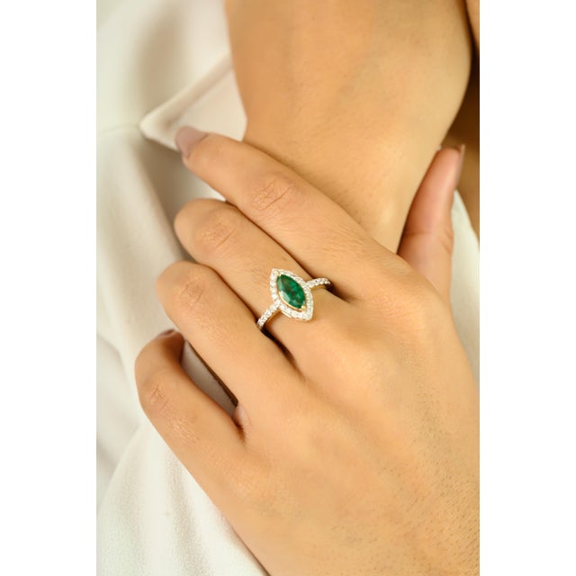 Not Yet Made - Made To Order Marquise Cut Emerald Halo Set 18k Gold Engagement Ring Size 6 For Sale - Image 5 of 11