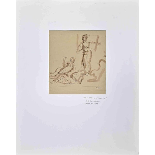 Charles Dufresne, Figures of Women, Original China Ink & Watercolor, Early 20th Century For Sale