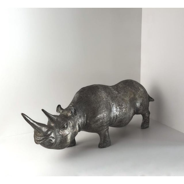 1980s Rhino Sculpture in Platinum Toned Metallic Finish, 1980s For Sale - Image 5 of 7