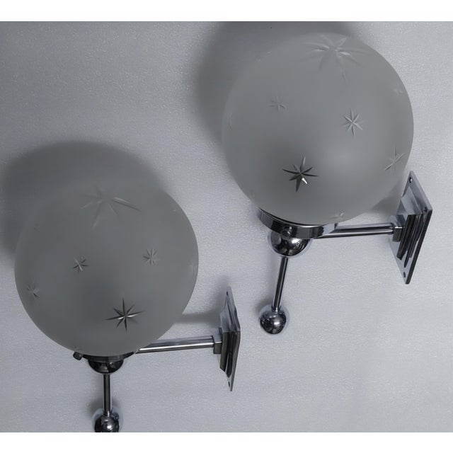 1940s Vintage Art Deco Light Old Lamp Wall Sconces Fixture Nickel Brass & Star Glass Shade Ship Light - Pair For Sale - Image 5 of 6
