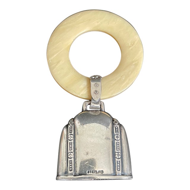 Antique Sterling Silver Baby Rattle With French Ivory (Celluloid) Teething Ring For Sale