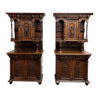 Stunning Antique Carved Wood Hutch Cabinets – Matching Pair For Sale