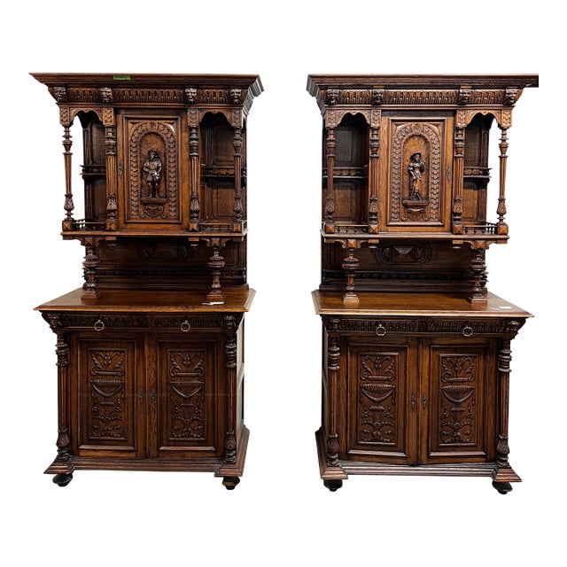 Stunning Antique Carved Wood Hutch Cabinets – Matching Pair For Sale