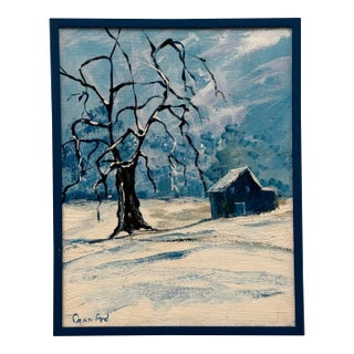 Vintage Scandinavian Modern Folk Art Winter Landscape Expressionist Original Framed Oil Painting For Sale