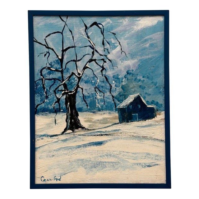 Vintage Scandinavian Modern Folk Art Winter Landscape Expressionist Original Framed Oil Painting For Sale