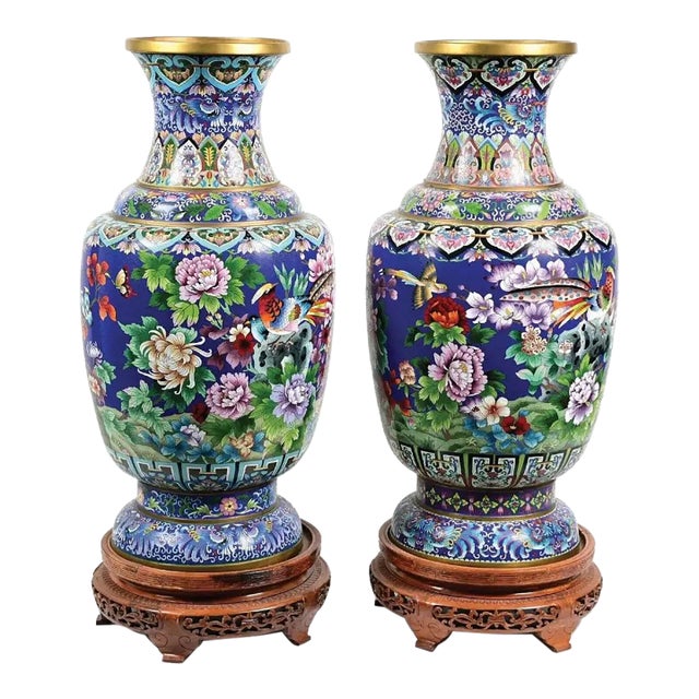Pair of Late 20th Century Palatial Blue Chinese Cloisonne Enamel Vases With Peacocks For Sale