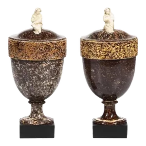 Antique 18th Century Wedgwood & Bentley Creamware Vases / Urns With Faux Porphyry Stone Glaze and Widow Finials With Black Basalt Bases - a Pair