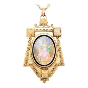 Antique Victorian 14k Gold, Porcelain & Enamel Pendant Locket After Fontenay