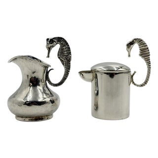 1950s Los Castillo Taxco Seahorse Silver Plate Creamer & Sugar Set For Sale