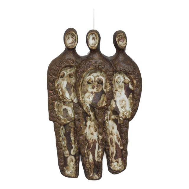 Brutalist Ceramic Wall Relief with Three Figures by AR, 1970s For Sale
