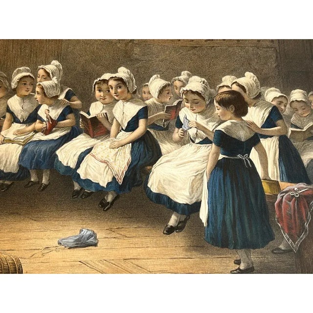 Mid 19th Century Emile Desmaisons (1812–1880) "School Girls" Original Antique French Color Lithograph c.1869 For Sale - Image 5 of 12