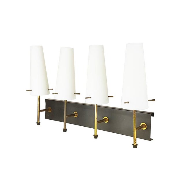 1950s Black Metal, Brass & Opaline Glass 4-Light Wall Lamps, 1950s, Set of 5 For Sale - Image 5 of 15