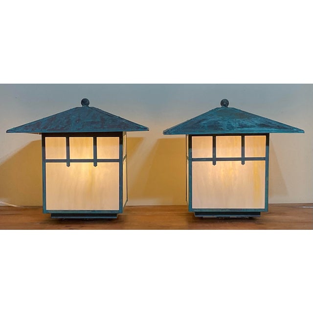 Stunning Pair of Artisan Copper & Slag Glass Mission/Arts & Crafts Table Lamps For Sale - Image 13 of 18