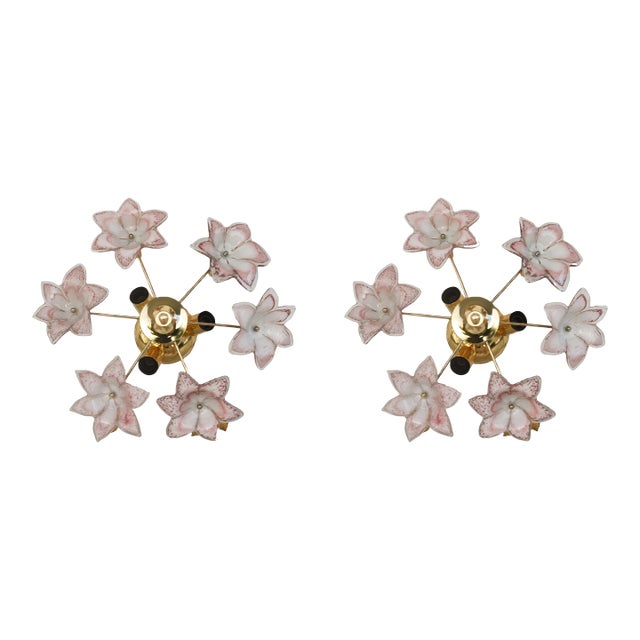 Vintage Charming Murano Ceiling Light Pink Flowers - Set of 2 For Sale