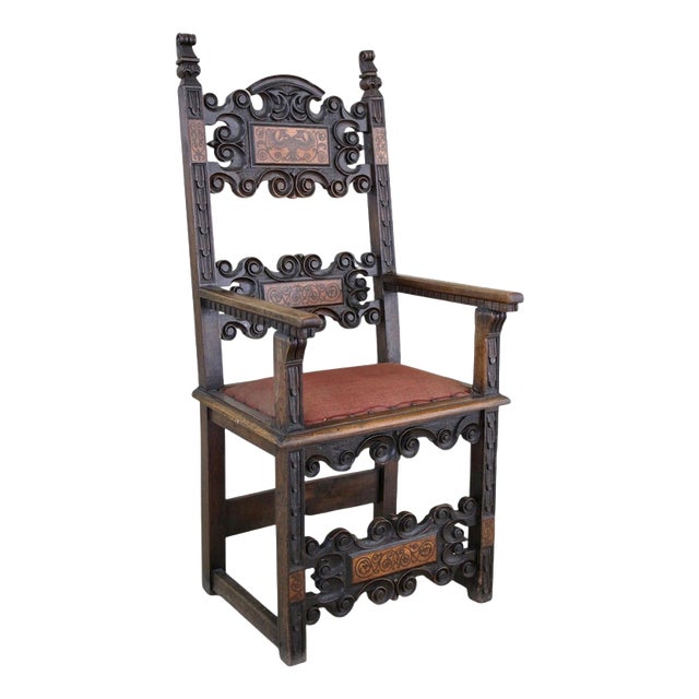 17th Century Renaissance Handcarved Nutwood Armchair, Austria For Sale