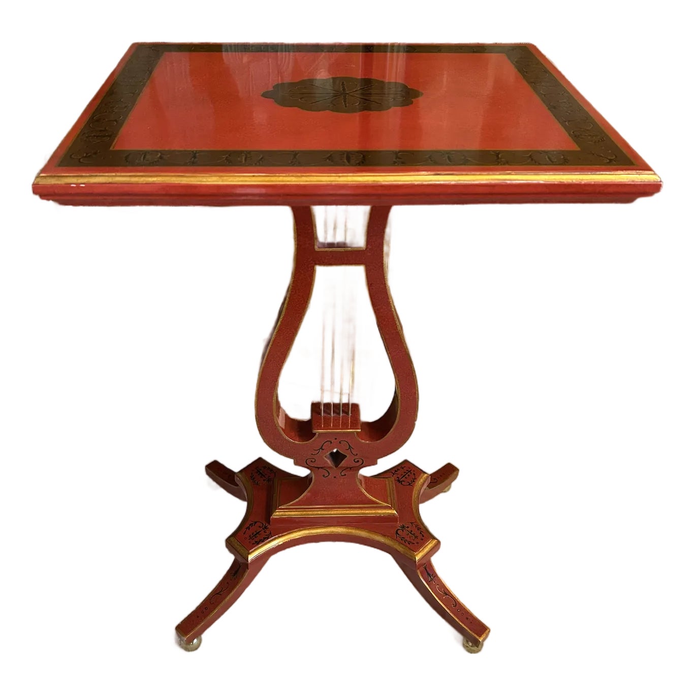Maitland Smith Hand Painted Red Lyre Motif Side Table | Chairish
