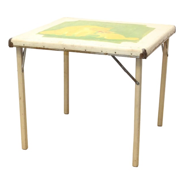 1930s Samson Folding Card Table With Painted Cats Top | Americana Folk Art For Sale