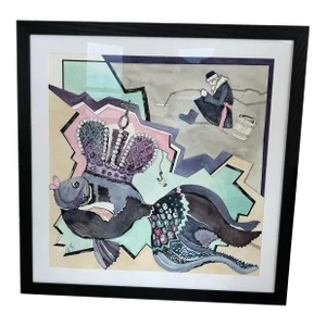 Russian Avant-Garde Watercolor Imperial Crown Goldfish Painting, Framed
