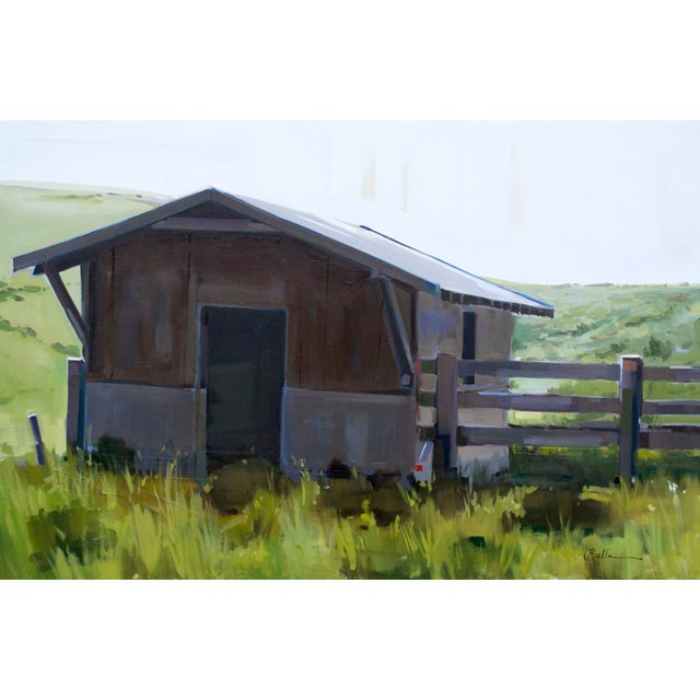 This oil painting depicts a rustic structure nestled amidst lush green grass, evoking a sense of tranquility and...