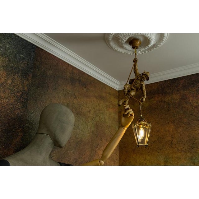German Carved Linden Wood Mountaineer with Brass Lantern, 1950s For Sale - Image 14 of 18