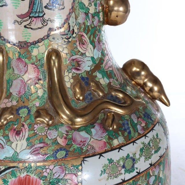 Rose Monumental Vintage Chinese Rose Medallion Vase With Carved Hardwood Base 20thC For Sale - Image 8 of 11