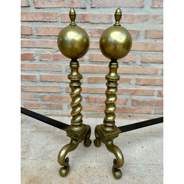 18th American Chippendale Style Brass Cannonball Andiron Firedog with Log Stops For Sale - Image 13 of 18
