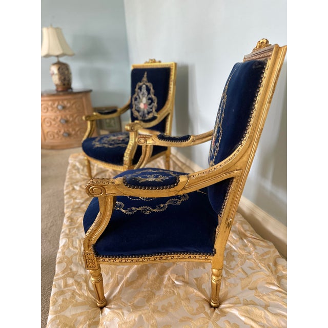 Mid 20th Century French Louis XVI Style Giltwood & Navy Embroidered Velvet Fauteuils- Pair For Sale - Image 12 of 18