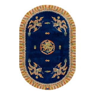 1980s Navy Blue Dragon Medallion Vintage Chinese Art Deco Carpet Oval 6'' X 9' Knotted Wool Rug For Sale