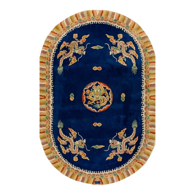 1980s Navy Blue Dragon Medallion Vintage Chinese Art Deco Carpet Oval 6'' X 9' Knotted Wool Rug For Sale