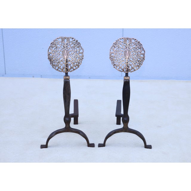 1900's Ernest Gimson Style Brass And Iron Andirons - A Pair For Sale - Image 4 of 12