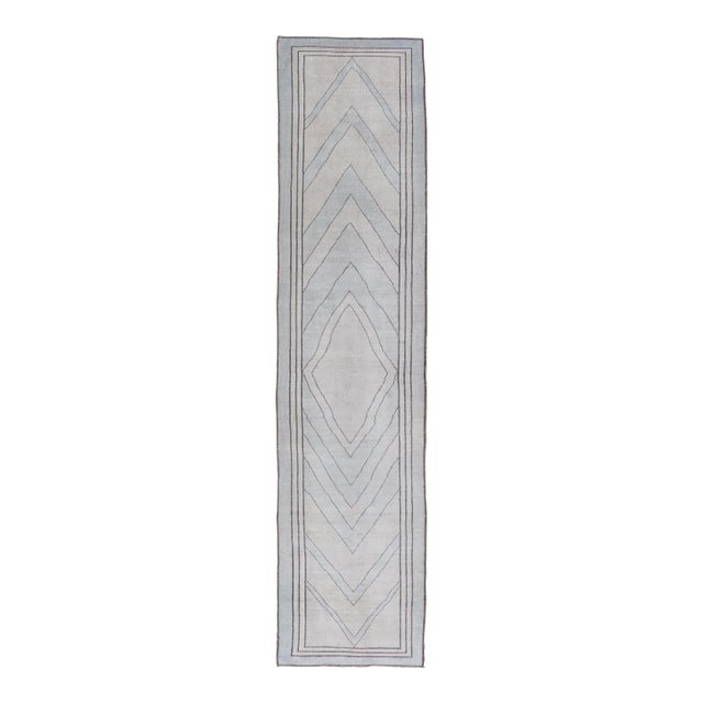 Vintage Turkish Unique Runner With Modern Design in Lt. Blue, Taupe and Brown For Sale