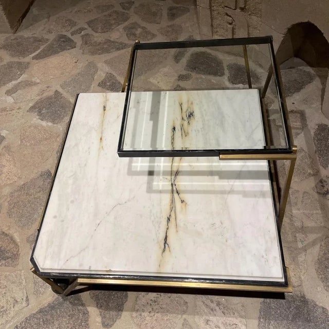1950s Arturo Pani Mexico Corner Table in Marble Beveled Glass Bronze For Sale - Image 10 of 13