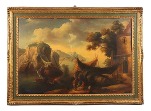 Central European School Artist, Seascape with Wrecks and Figures, Early 20th Century, Oil Painting on Canvas, Framed