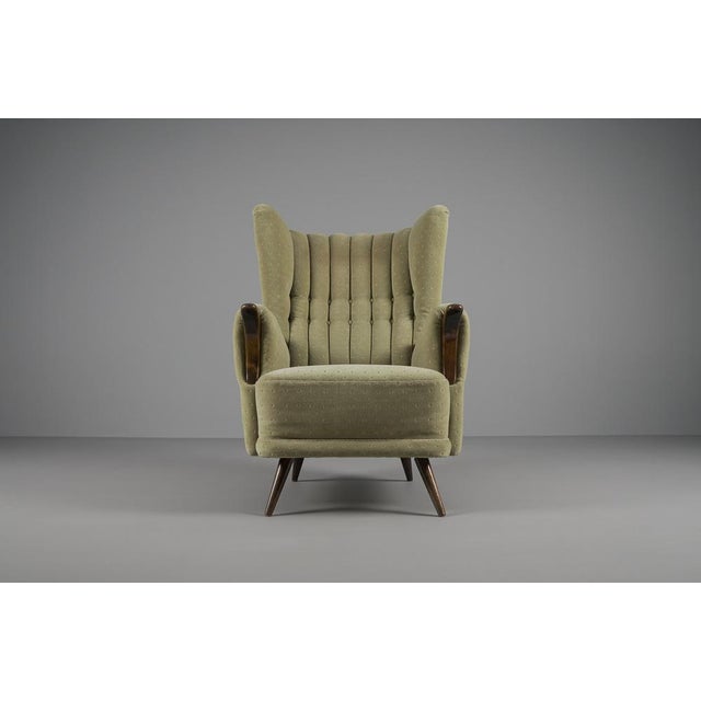 Large Green Italian Wood & Fabric Wingback Armchair, 1950s For Sale - Image 13 of 15
