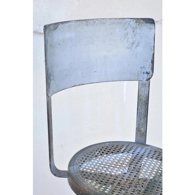 Antique American Industrial Metal Drafting Work Stool With Oak and Cane Seat For Sale - Image 4 of 10
