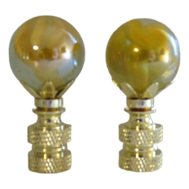 Blown Murano Glass Table Lamp Finials. Cat's Eye Gold, Clear, Swirl Brass Bases, a Pair For Sale