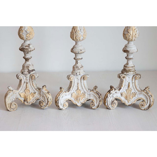 Rococo French Early 18th Century Rococo Gray and Cream Painted Candlesticks, Sold Each For Sale - Image 3 of 6