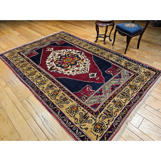 Mid 20th Century Vintage Turkish Oushak Area Rug, Hand-Knotted Geometric, Navy & Red, 6' x 9' For Sale - Image 5 of 17