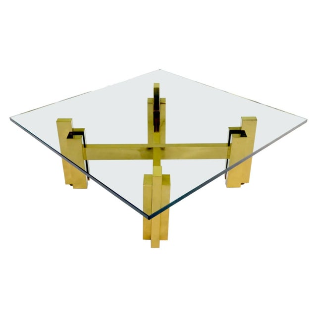 Heavy Polished Brass x Base Thick Glass Square Coffee Table Nice! For Sale - Image 13 of 13