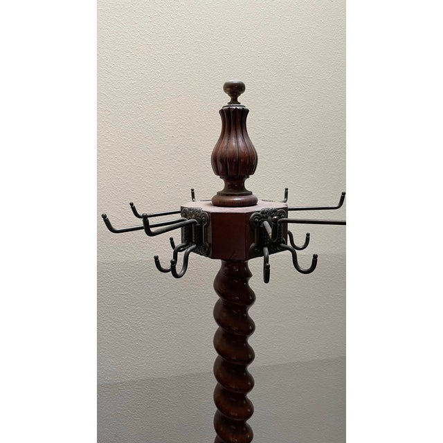 Antique Turned oak Hall tree Coat rack – with unusual adjustable Iron hooks and claw ball feet original finish. Circa 1890
