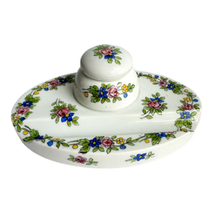 Antique Ink Well Hand Painted Porcelain Rose Floral Signed a.g. Culn Coln