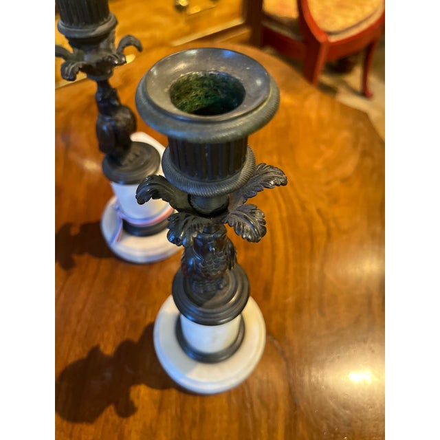 French 19th Century French Pair of Bronze Owl Candle Sticks For Sale - Image 3 of 7