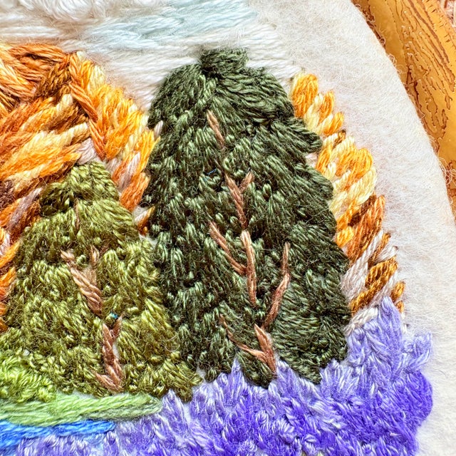 Textile Golden Hour Peaks & Lavender Field - Hand-Embroidered Wall Art For Sale - Image 7 of 14