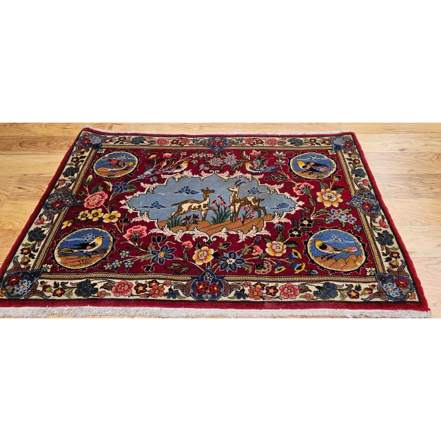 1900 - 1909 Vintage Persian Tabriz Pictorial Rug, Hand-Knotted Wool & Silk, Forest Scene, Red & Blue, 2x3 For Sale - Image 5 of 15