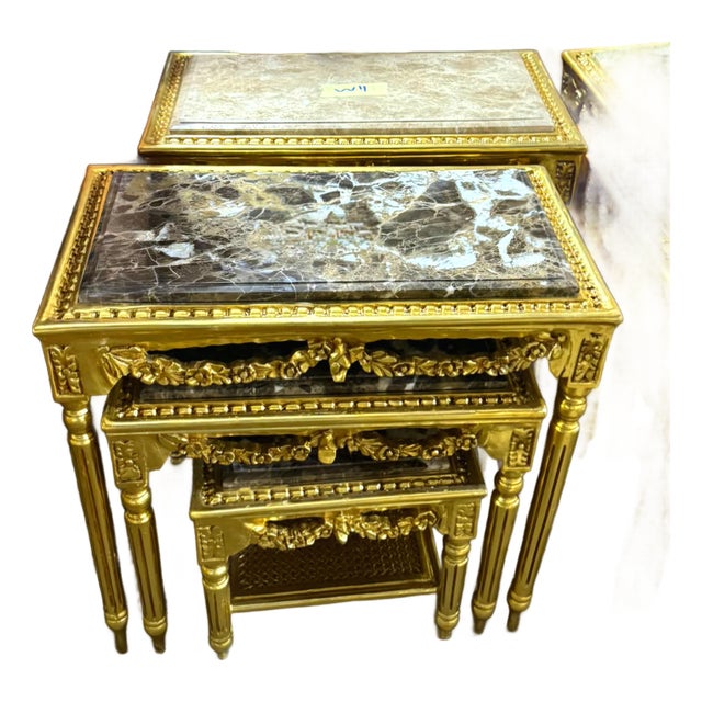 French-Style Nesting Tables – Set of 3 Marble-Top Tables With Ornate Gold Leaf Details For Sale