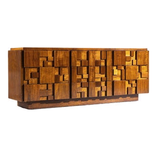 Lane Staccato Brutalist Mid Century Walnut Lowboy Dresser For Sale