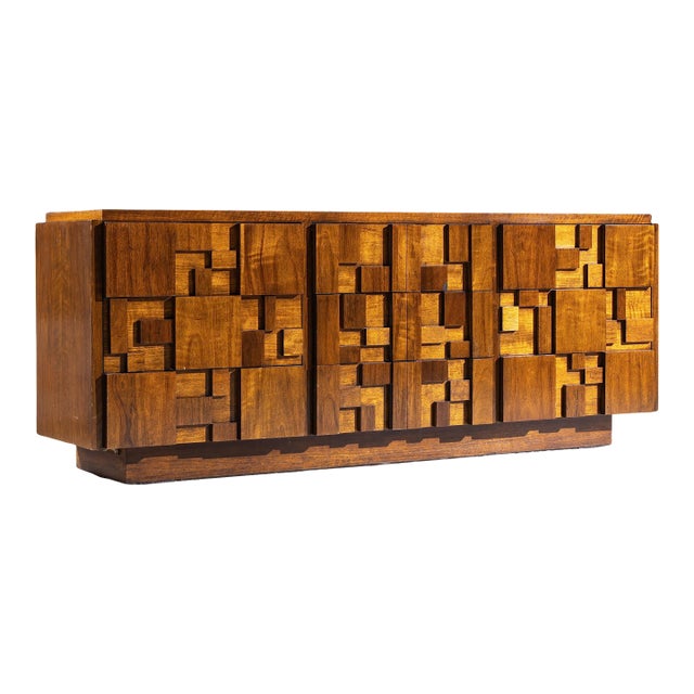 Lane Staccato Brutalist Mid Century Walnut Lowboy Dresser For Sale