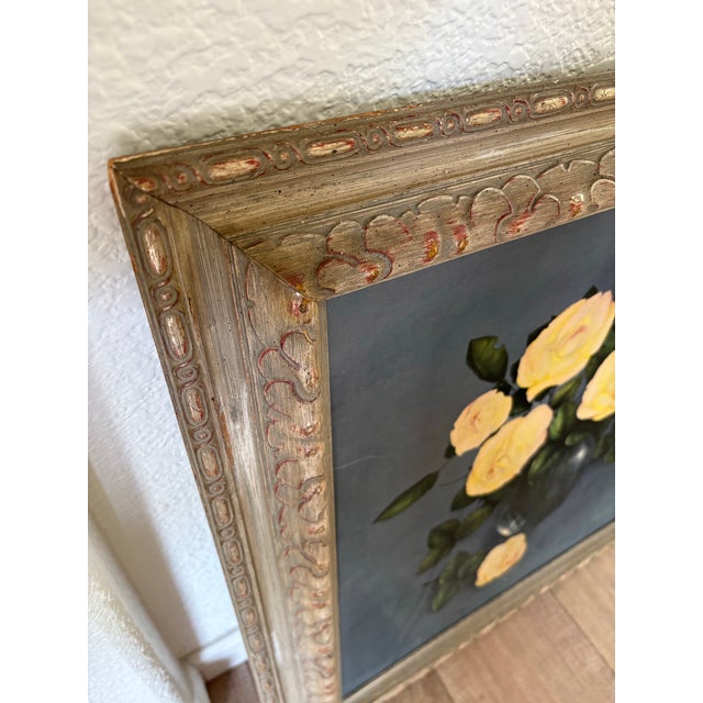 Vintage 1969 original signed print and dated of a vase of large yellow roses against a smoky gray background and framed in...