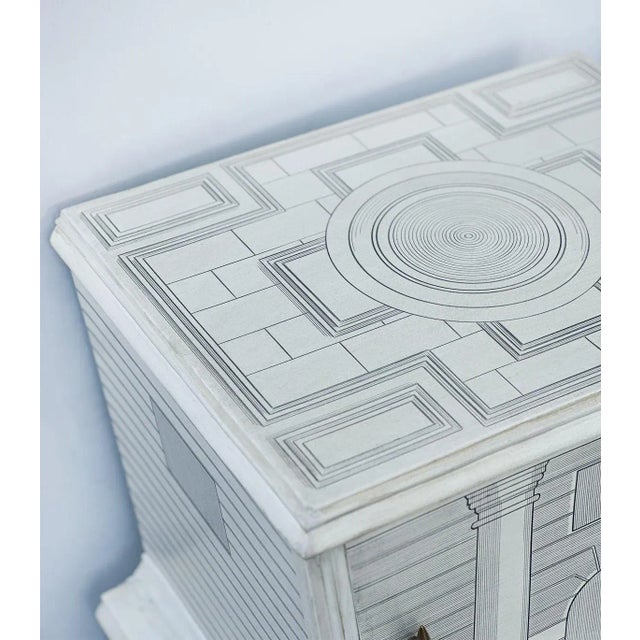 A pair of beautiful single-drawer and door nightstands with hand-painted architectural rendering design in the style of...