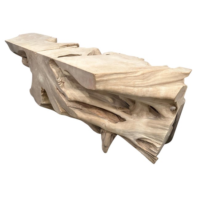Impressive natural organic formed console table made from a hundred year old reclaimed teak root. Fabulous on both sides....